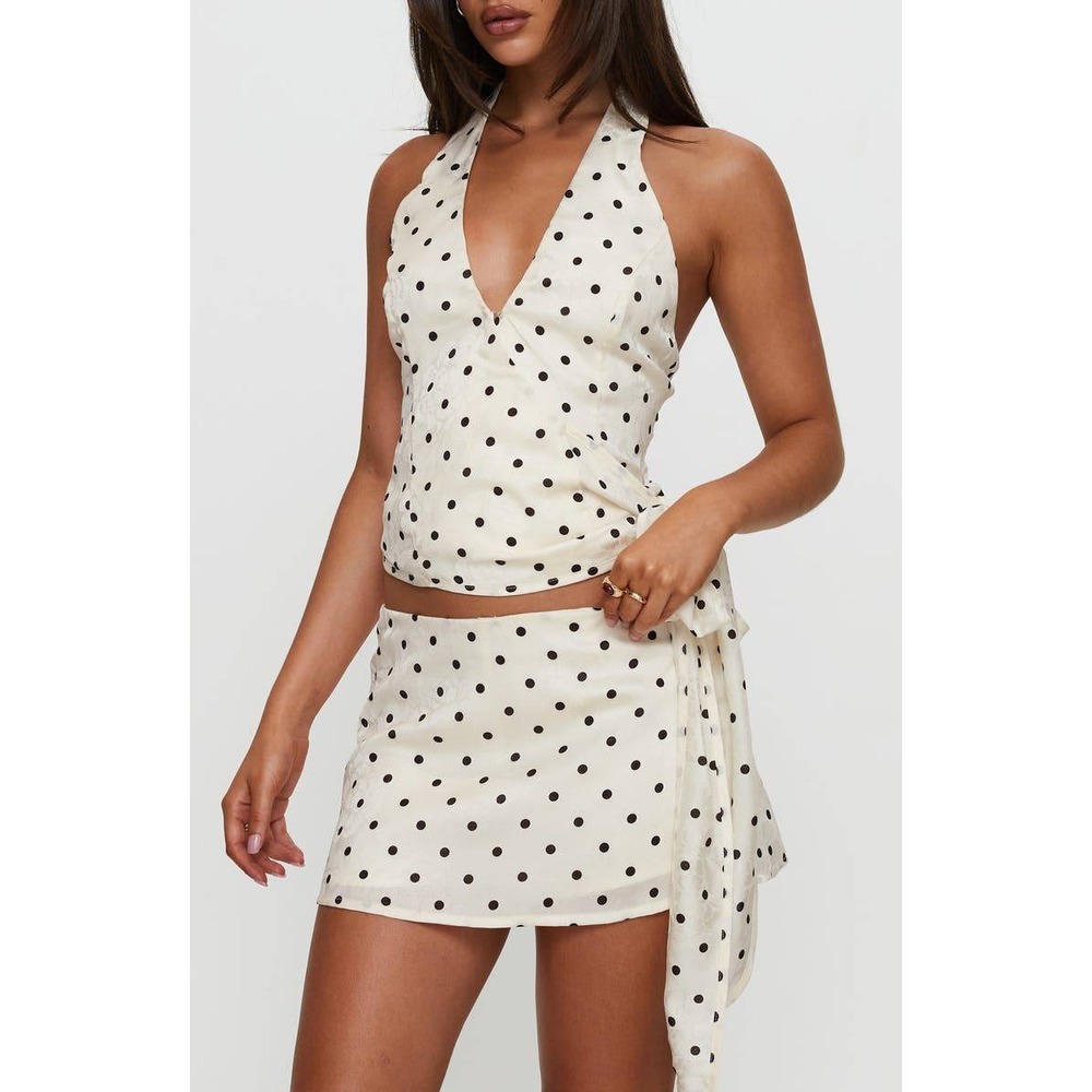 PRINCESS POLLY Women's White Polka Dot Halter‎ Neck Wrap Crop Top Size 6